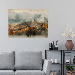 Plakat Jesienny las we mgle na tle gór - akwarela