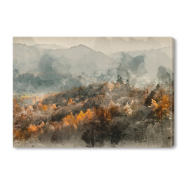 Obraz na płótnie Jesienny las we mgle na tle gór - akwarela