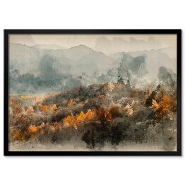 Plakat w ramie Jesienny las we mgle na tle gór - akwarela