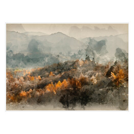 Plakat Jesienny las we mgle na tle gór - akwarela