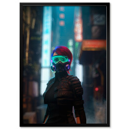 Kobieta w masce gazowej na tle ulic świata cyberpunk