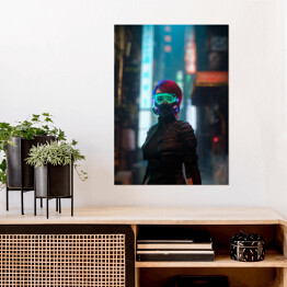 Plakat Kobieta w masce gazowej na tle ulic świata cyberpunk