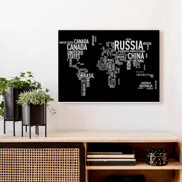 Obraz na płótnie Mapa świata z nazwami państw na czarnym tle