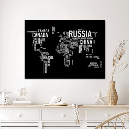 Plakat w ramie Mapa świata z nazwami państw na czarnym tle