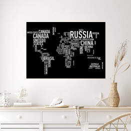 Plakat Mapa świata z nazwami państw na czarnym tle