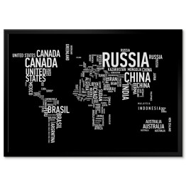 Plakat w ramie Mapa świata z nazwami państw na czarnym tle