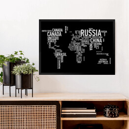 Obraz w ramie Mapa świata z nazwami państw na czarnym tle