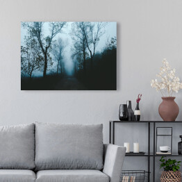 Obraz na płótnie Droga wśród drzew w porannej gęstej mgle