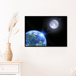 Plakat w ramie Ziemia, Księżyc i gwiazdy w przestrzeni