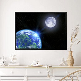 Obraz w ramie Ziemia, Księżyc i gwiazdy w przestrzeni