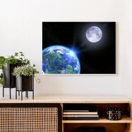 Obraz na płótnie Ziemia, Księżyc i gwiazdy w przestrzeni