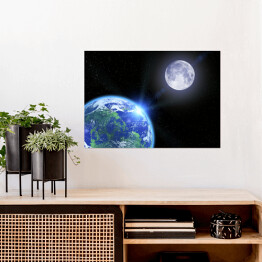 Plakat samoprzylepny Ziemia, Księżyc i gwiazdy w przestrzeni