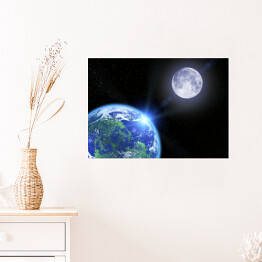 Plakat Ziemia, Księżyc i gwiazdy w przestrzeni