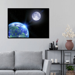 Plakat w ramie Ziemia, Księżyc i gwiazdy w przestrzeni