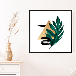 Obraz w ramie Tropikalny liść, złota geometria i czarne wzory - kompozycja