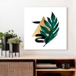 Obraz na płótnie Tropikalny liść, złota geometria i czarne wzory - kompozycja