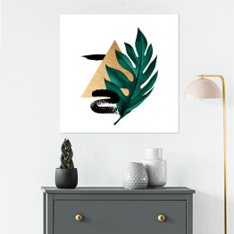 Plakat samoprzylepny Tropikalny liść, złota geometria i czarne wzory - kompozycja