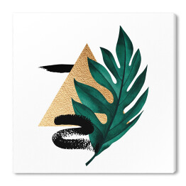 Obraz na płótnie Tropikalny liść, złota geometria i czarne wzory - kompozycja
