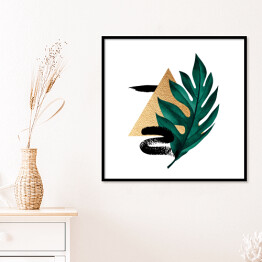 Plakat w ramie Tropikalny liść, złota geometria i czarne wzory - kompozycja