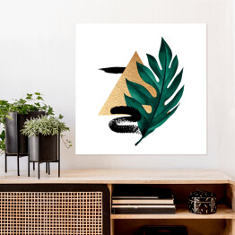Plakat samoprzylepny Tropikalny liść, złota geometria i czarne wzory - kompozycja