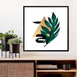 Obraz w ramie Tropikalny liść, złota geometria i czarne wzory - kompozycja