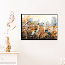 Plakat w ramie Jesienny krajobraz z dzikimi ptakami