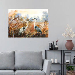 Plakat Jesienny krajobraz z dzikimi ptakami