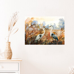 Plakat samoprzylepny Jesienny krajobraz z dzikimi ptakami