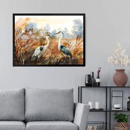 Obraz w ramie Jesienny krajobraz z dzikimi ptakami