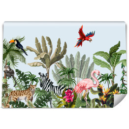 Fototapeta Bezszwowa granica ze zwierzętami dżungli, kwiatami i drzewami. wektorowe.