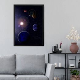 Obraz w ramie Cztery planety na tle gwiaździstej galaktyki