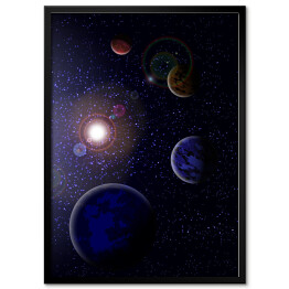Plakat w ramie Cztery planety na tle gwiaździstej galaktyki