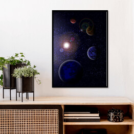 Plakat w ramie Cztery planety na tle gwiaździstej galaktyki