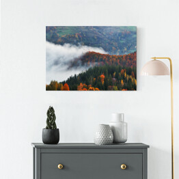 Obraz na płótnie Poranna jesienna mgła nad górami porośniętymi drzewami