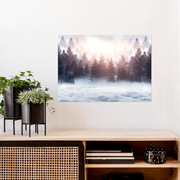 Plakat samoprzylepny Wschód słońca nad lasem we mgle zimą