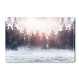 Obraz na płótnie Wschód słońca nad lasem we mgle zimą