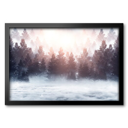 Obraz w ramie Wschód słońca nad lasem we mgle zimą