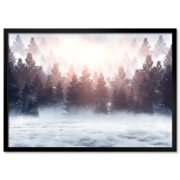 Plakat w ramie Wschód słońca nad lasem we mgle zimą