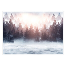 Plakat Wschód słońca nad lasem we mgle zimą