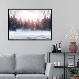 Plakat w ramie Wschód słońca nad lasem we mgle zimą
