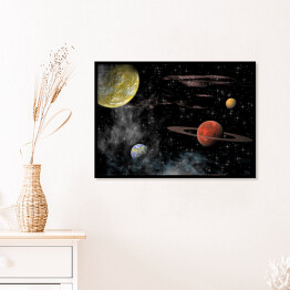 Plakat w ramie Widok Wszechświata w ciemnych barwach z różnymi planetami