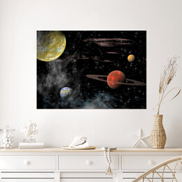 Plakat Widok Wszechświata w ciemnych barwach z różnymi planetami