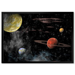 Plakat w ramie Widok Wszechświata w ciemnych barwach z różnymi planetami