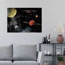 Plakat Widok Wszechświata w ciemnych barwach z różnymi planetami