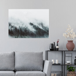 Plakat samoprzylepny Krajobraz z lasem we mgle w górach