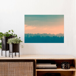 Plakat samoprzylepny Kolorowe niebo nad lasem we mgle