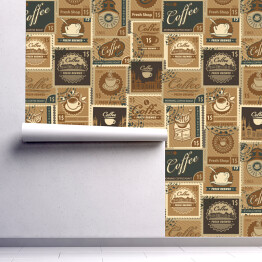 Tapeta samoprzylepna w rolce Wektorowy spójny wzór na temat kawy i kawiarni ze znaczkami pocztowymi i znakami pocztowymi w stylu vintage. Odpowiednia tapeta, papier pakowy, tkanina w brązowych kolorach.