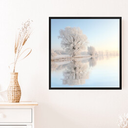 Obraz w ramie Oszronione drzewa nad pokrytą lodem rzeką