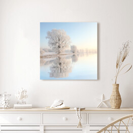 Obraz na płótnie Oszronione drzewa nad pokrytą lodem rzeką