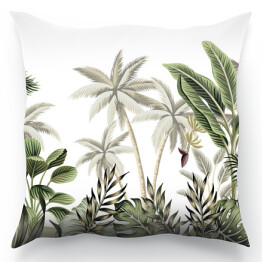 Poduszka Botaniczny motyw z palmami, monsterą i bananowcem w odcieniach szarości i zieleni na białym tle